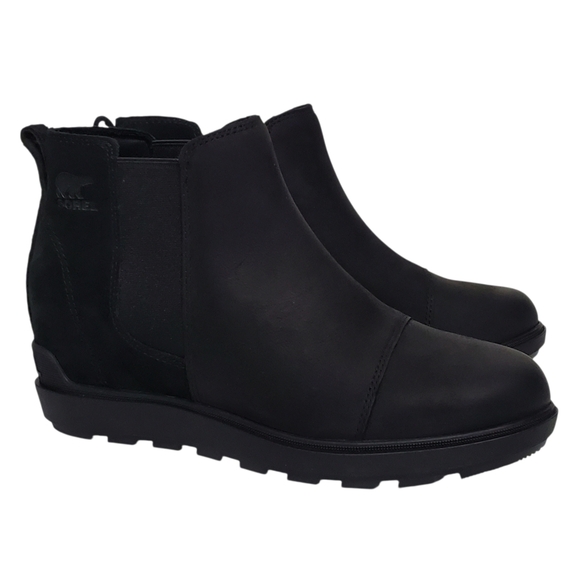 New Sorel Evie ll Chelsea ankle boots black leather suede wedge waterproof comfy - Picture 6 of 16